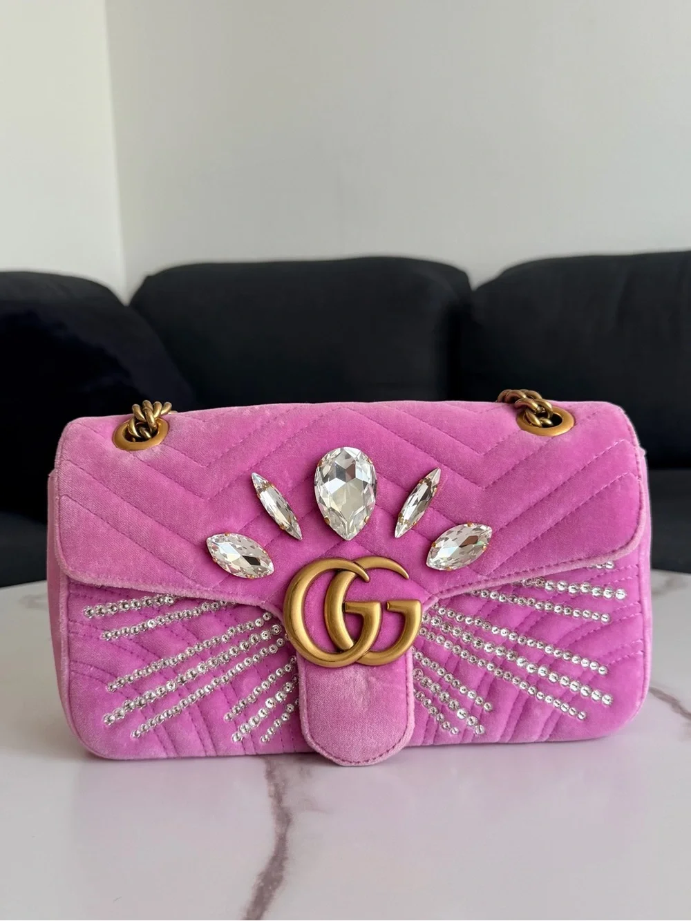 Gucci GG Marmont Pink Velvet Crystal Embellished Shoulder Bag